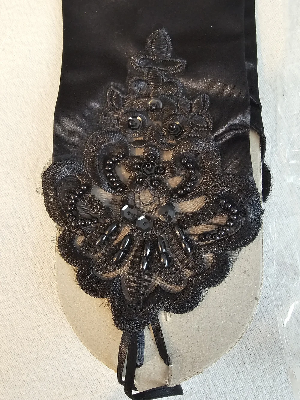 Black Satin Fingerless Gloves Elbow Length Beaded Lace Applique 1920s Flapper